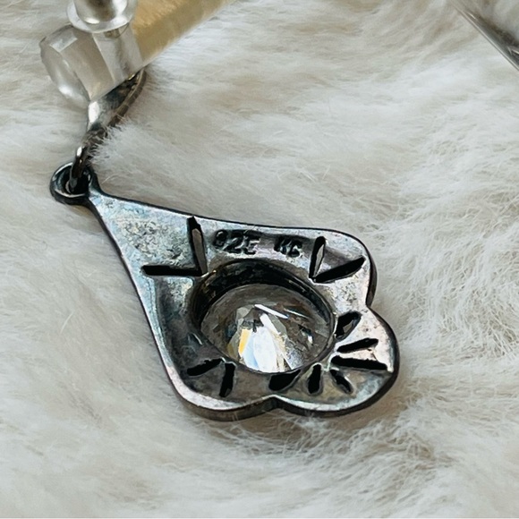 .925 STERLING|SIGNED KG|Marcasite Clear Crystal Center Stone Drop Earrings|VTG - Picture 5 of 9